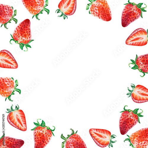 Watercolor red juicy strawberry frame. Food background, painted bright compos...