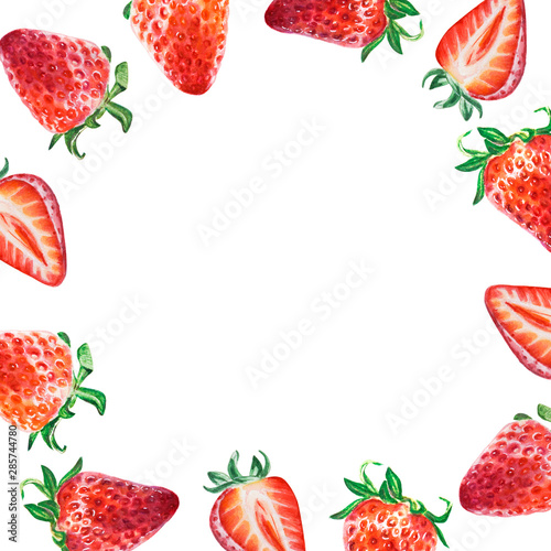 Watercolor red juicy strawberry frame. Food background, painted bright compos...