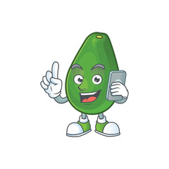 Wall Mural - With phone avocado fruit character on white background