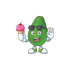 Wall Mural - With ice cream cute avocado cartoon on white background