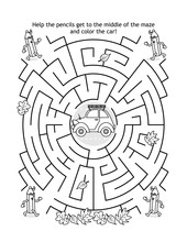 Maze Game And Coloring Page For Kids With Car And Pencils: Help The Pencils Get To The Middle Of The Maze And Color The Car.