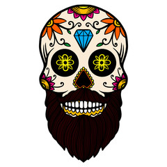 Poster - Hand drawn mexican bearded sugar skull isolated on white background. Design element for poster, card, banner, t shirt, emblem, sign. Vector illustration