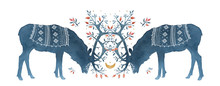 Watercolor Silhouettes Of Deer With Magic Horns, North, Magic, Dog Rose, Twigs, Moon, Crescent, Scandinavia, North, Red Indians, Native American, Alaska
