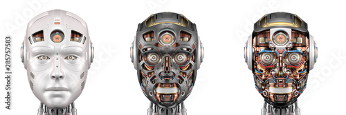 Fotografía robot head or set of three different cyborg faces