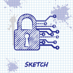 Sketch line Cyber security icon isolated on white background. Closed padlock on digital circuit board. Safety concept. Digital data protection. Vector Illustration