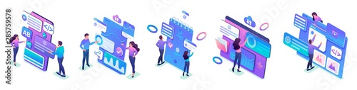 Fotomural Isometric sets of concepts of young people's work on smartphone screens