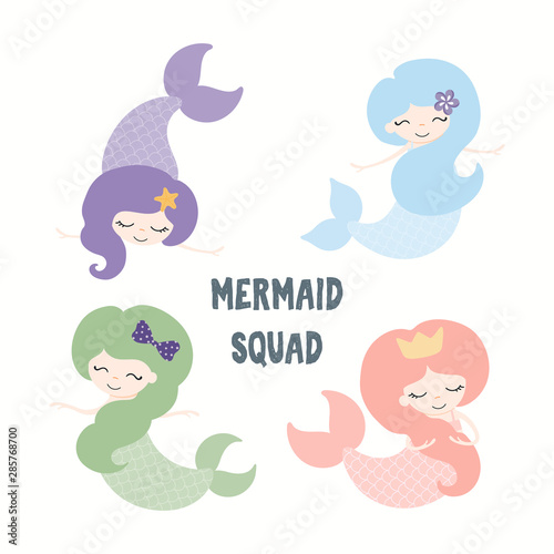 Collection of cute funny mermaids, with quote Mermaid Squad. Isolated objects...
