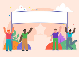 Wall Mural - Celebration, congratulation, award ceremony banner. Group of people celebrate victory near big empty banner. Flat design vector illustration.  Poster for social media, web page, banner, presentation