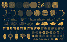 Set Of Gold Decorative Elements In Oriental Style With Moon, Stars, Clouds, Pattern Circles, Lanterns, Fireworks, Flowers, For Chinese New Year, Mid Autumn. Isolated Objects. Vector Illustration.
