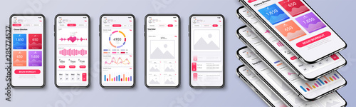 Fotomural Different UI, UX, GUI screens fitness app and flat web icons for mobile apps, responsive website including