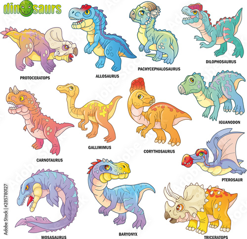 Fotomural cartoon cute prehistoric dinosaurs, set of images, funny illustrations