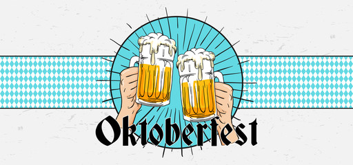 Wall Mural - Willkommen Zum Oktoberfest poster banner template design. Two hand holding full glass of bear toasting vector illustration on scratched white board background.