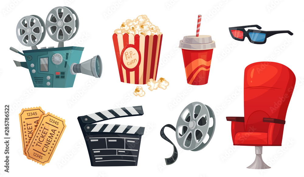 Cartoon cinema elements. Movie theater popcorn, filming cinema clapperboard and retro film camera. Cinema chair, 3d glass, drink and movies premiere ticket cinematography vector illustration set - obrazy, fototapety, plakaty 