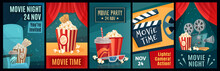 Cinema Poster. Night Film Movies, Popcorn And Retro Movie Posters Template. Cinematograph Advertising Banners, Films Ticket Or Movie Show Posters Cartoon Vector Illustration Set