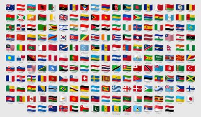 World national waving flags. Official country signs with names, countries flag banners. International travel symbols, geography or language lesson flags emblem. Isolated vector signs set