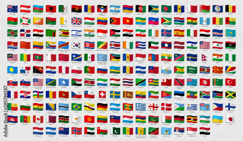 Fototapete World national waving flags. Official country signs with names, countries flag banners. International travel symbols, geography or language lesson flags emblem. Isolated vector signs set