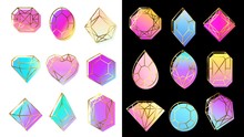 Gems With Gradients. Jewelry Stone, Abstract Colorful Geometric Shapes And Trendy Hipster Diamond. Magic Stone Gradient Items, Crystallizing Mineral Holographic Logo. Isolated Vector Symbols Set