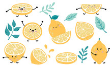 Cute Lemon,citrus Object Collection.Whole, Cut In Half, Sliced On Pieces Lemons. Vector Illustration For Icon,logo,sticker,printable