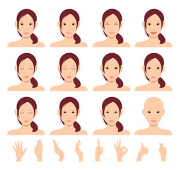 Wall Mural - Young asian lady' face vector illustration set / emotional face pattern (with hand illustration set)