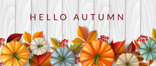 Autumn Banner With Pumpkin From Top, Fall Leaf And Red Berry On White Wood Background. Horizontal Vector Illustration For Autumn Season Design, Harvest Banner Template, Or Thanksgiving Background
