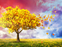 Fantasy Landscape With Red Autumn Tree