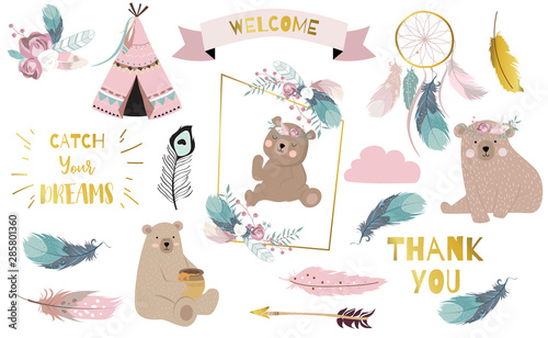 Cotton fabric Bohemian animal object set with bear,dreamcatcher,feather,arrow,cloud. illustration for logo,sticker,postcard,birthday invitation.Editable element