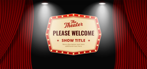 Please welcome retro classic sign board background design. Open red theater stage curtain backdrop with wooden floor base and double bright spotlight lamp vector illustration. poster banner template.