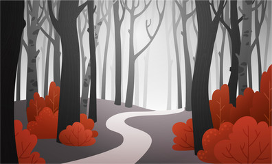 Wall Mural - Landscape of a dark forest path with red bushes and black trees. Background illustration in vector.