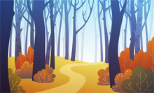 Landscape Of Forest Path In Autumn With Orange Bushes And Blue Trees. Background Illustration In Vector.