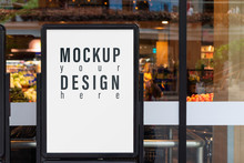 Mockup Advertising Board In Front  Of Supermarket. Mock Up Billboard For Your Text Messege Or Mock Up Content With Department Store Or Shopping Mall Background.