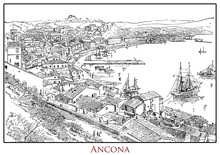 Illustrated Table With A Panoramic View Of The City Of Ancona Seaport In The Marche Region In Central Italy, From A Lexicon Of The 19th Century