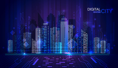 Poster - panorama banner of digital city at twilight in cool blue tones with lights illuminated in the high-r