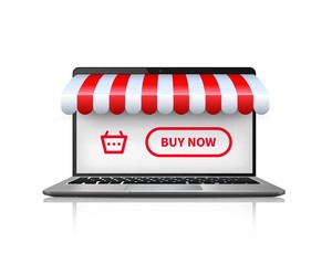 Online shopping concept. Realistic image open laptop buying and shopping online. Vector illustration ecommerce store concept on laptop screen with striped awning on white background