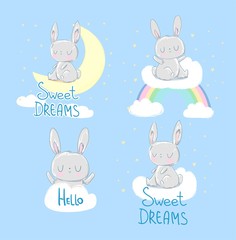 Fototapete - Hand Drawn cute rabbit set vector illustration. Print for children's pajamas.