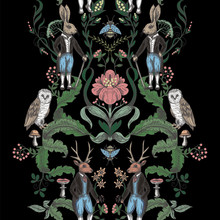 Fairytale Graphic Seamless Pattern With Forest Animals And Flowers.