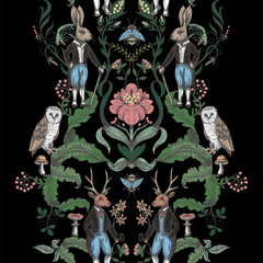 Naklejka na meble Fairytale graphic seamless pattern with forest animals and flowers.