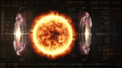 Fototapete - Futuristic motion graphic user interface head up display screen with Holographic Sun Corona Particles and digital data telemetry information display for digital background
