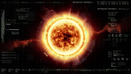 Aufkleber - Futuristic motion graphic user interface head up display screen with Holographic Sun Corona Particles and digital data telemetry information display for digital background