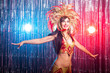 Carnival, dancer and holiday concept - Portrait of a sexy female in a colorful sumptuous carnival feather suit. Nightlife of female dancer