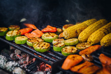 Vegetarian Barbeque - Corn, Zucchini, Carrots On The Barbeque
