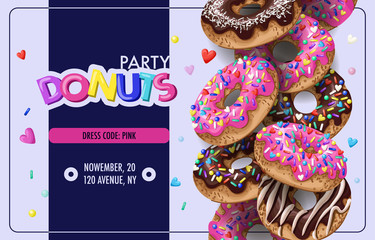 Invitation for donuts party, flyer. Vector.