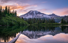 Mount Rainier Reflections In A Lake At Sunset