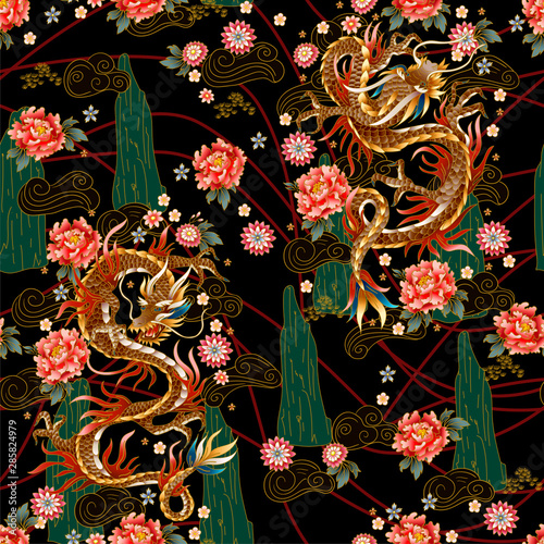 Fotografía Seamless pattern with Chinese traditional dragon, peonies and sakura