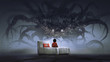 nightmare concept showing a boy on bed facing giant monster in the dark land, digital art style, illustration painting