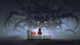 Fototapeta  - nightmare concept showing a boy on bed facing giant monster in the dark land, digital art style, illustration painting