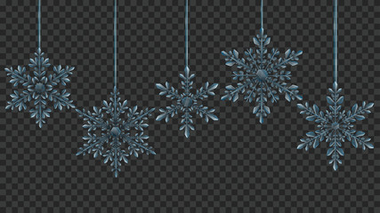 Christmas large complex translucent hanging snowflakes in light blue colors on transparent background. Transparency only in vector format