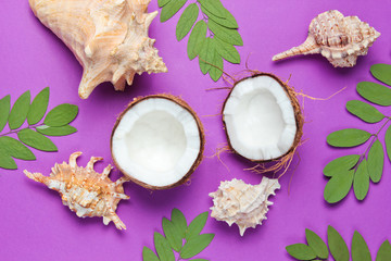 Two halves of chopped coconut on purple background with green leaves and seashell