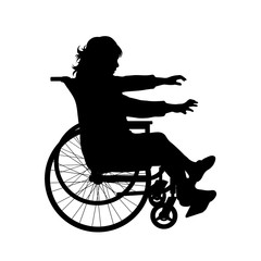 Poster - Vector silhouette of child on wheelchair on white background. Symbol of disabled, handicap,accident, injured,girl.