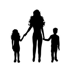 Canvas Print - Vector silhouette of mother with her children on white background. Symbol of family, daughter, son, sister, brother, siblings.