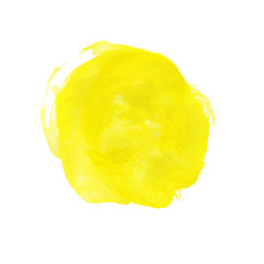 Poster - Watercolor yellow hand drawn stain on white background with rough edges, round, circle spot on paper with brush strokes